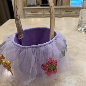 Mud Pie Lilac Tulle Kids Basket with Sequin Flower Accents and Gold Handles